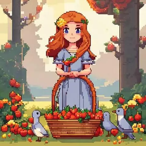 Pixel art girl with red hair and a blue dress holding a basket of red apples, with birds and a forest background.