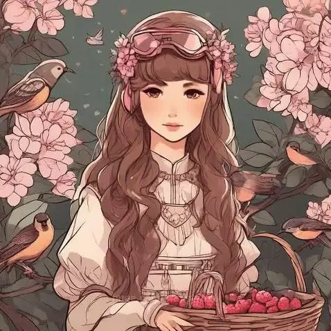 Animated girl with long brown hair, wearing a white dress and flower crown, holding a basket of strawberries amidst pink flowers and birds.
