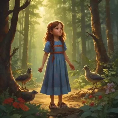 Young girl in blue dress in a sunlit enchanted forest with birds and flowers.