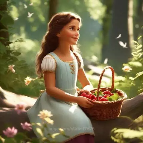Young girl with braids in a blue dress sits on a log in a forest, holding a basket of red strawberries.