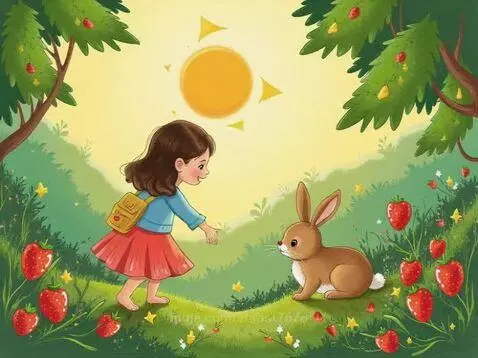 Cartoon girl with a yellow backpack gently touching a rabbit's nose in a sunny garden with strawberries and trees.