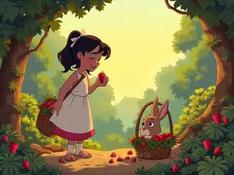 Animated girl in a white dress holding strawberries, with a rabbit in a basket of berries in a sunny forest.