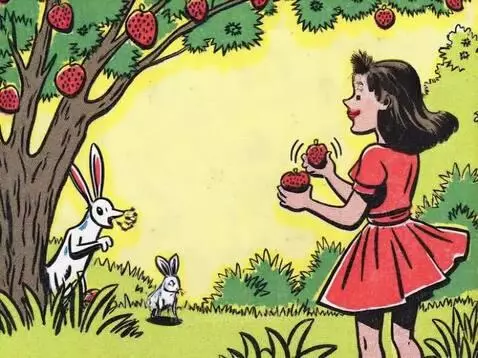 Cheerful girl in red dress holding magical fruits with white and blue rabbits under a fruit tree.