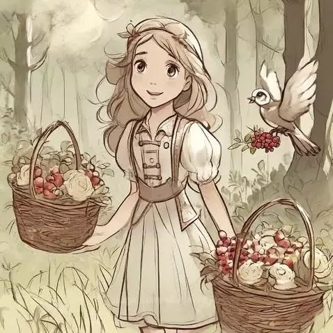 Animated girl with wavy brown hair in a white dress holding baskets of flowers and berries in a forest.