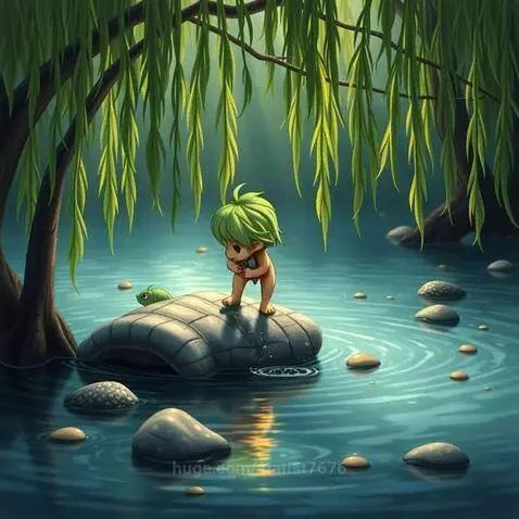 A small, green-haired water sprite with large eyes sits on a stone in a tranquil pond, surrounded by weeping willow trees.
