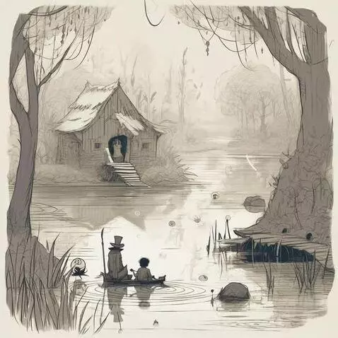 Monochrome illustration of a boat with two figures on calm water, heading towards a thatched-roof house, with glowing orbs.