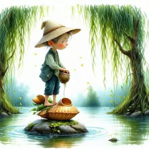 A young boy in a straw hat pours water from a pot into a shell, surrounded by weeping willows and water.