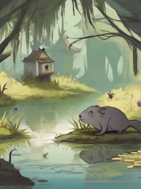 Animated swamp scene with a grey beaver-like creature on a grassy bank, calm water reflection, and a small house among trees.