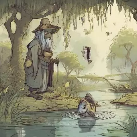 Illustration of an old man with a white beard by a mossy pond with fish, evoking a fairy tale atmosphere.