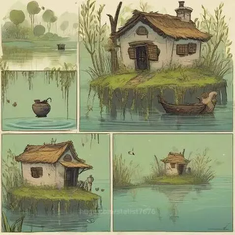 Comic-strip illustration of a small house on a tiny island in a calm green lake with foliage and a duck.