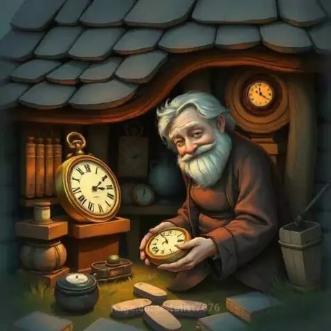 Elderly man with white beard in a tunic, holding a golden clock in a rustic workshop filled with clocks.