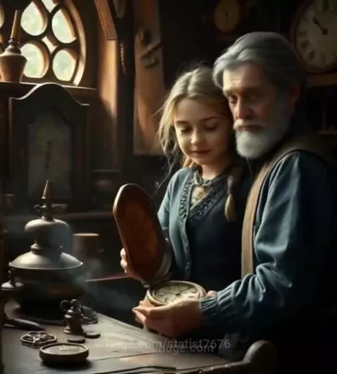 Grandfather and young girl examining an antique pocket watch in a rustic workshop.