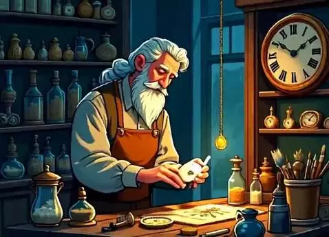 Elderly craftsman with white beard working on a pocket watch at a workbench, with clocks in the background.