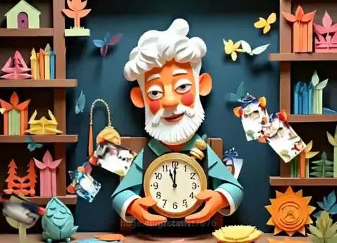Old man with a large clock in a whimsical paper-craft world with miniature houses and butterflies.
