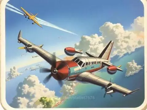Illustration of multiple airplanes flying in a bright blue sky with white clouds, featuring a large propeller plane in the foreground.