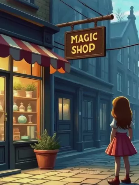 Animated girl with long brown hair stands on a cobblestone street, looking at a brightly lit magic shop.