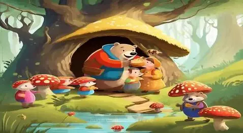 Anthropomorphic animal family in a whimsical forest with mushroom houses, a bear, hedgehogs, and a badger.