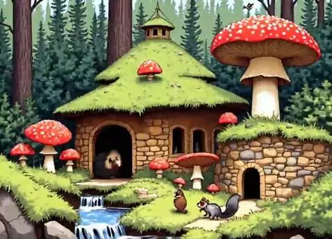 Whimsical forest scene with mushroom houses, a waterfall, and small animals like a beaver and squirrel.