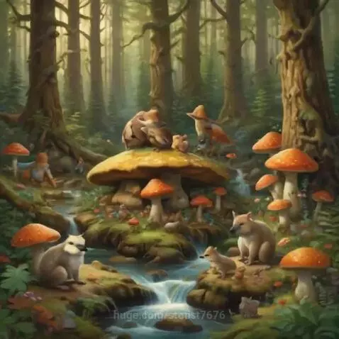 Animated forest scene with cute furry animals, colorful mushrooms, and a winding stream with waterfalls.