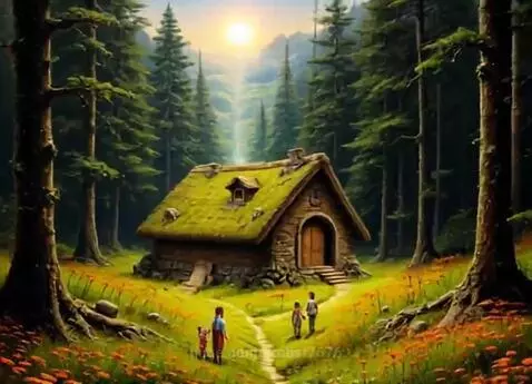 A beautiful, painterly scene of a moss-roofed cottage in a lush green forest with a winding path and orange flowers.