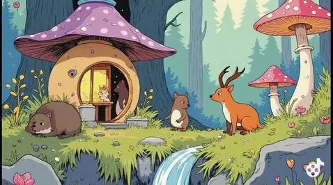 Cartoon forest scene with a mushroom house, hedgehog, deer, rabbit, cat, and waterfall.