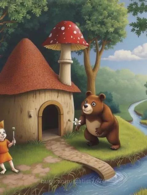 Whimsical forest scene with a bear offering a flower outside a mushroom house, with a stream and bridge.