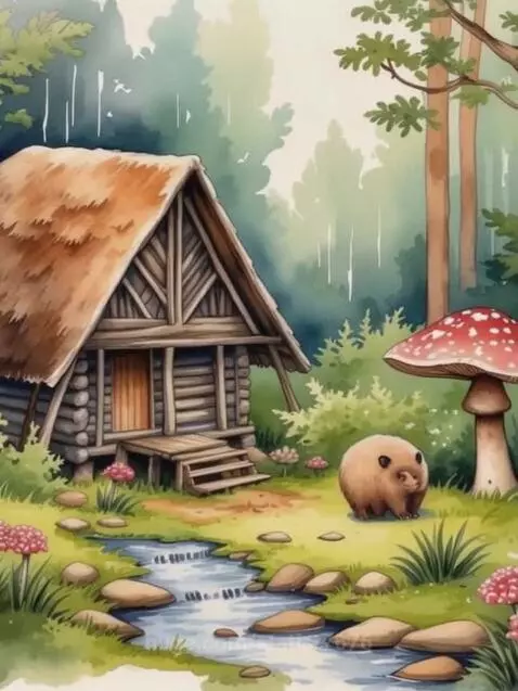 Watercolor animation of a cozy log cabin in a vibrant forest with a small, furry animal.