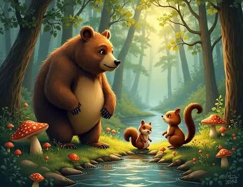 Brown bear with two squirrels by a forest stream, surrounded by trees and mushrooms.