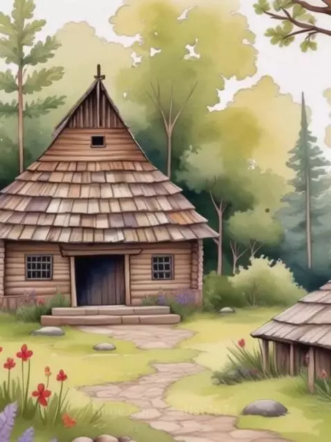 Watercolor animation of a rustic wooden cabin in a lush green forest with colorful wildflowers and trees.