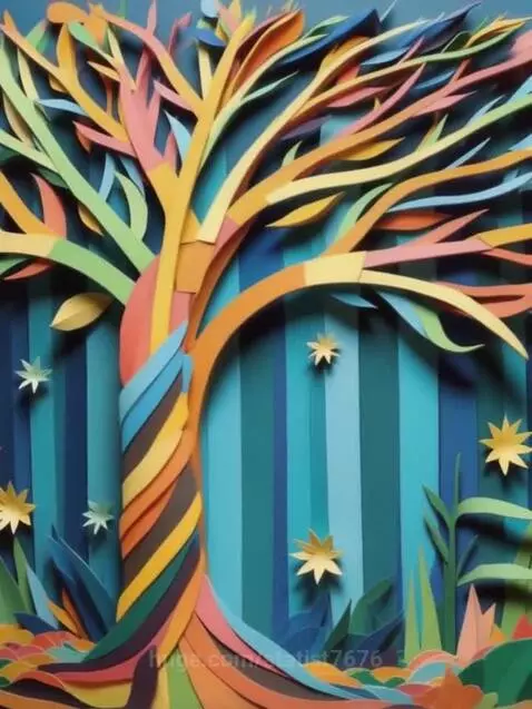 Colorful paper-cut animation of a tree with rainbow-striped trunk and branches, set against a striped blue and green background.