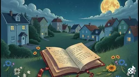 Animated night scene with a full moon, cozy village, and an open book with a bird flying out.