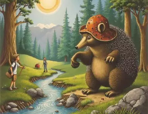 Cartoon forest scene with a spiky echidna wearing a mushroom hat meeting a boy by a stream.