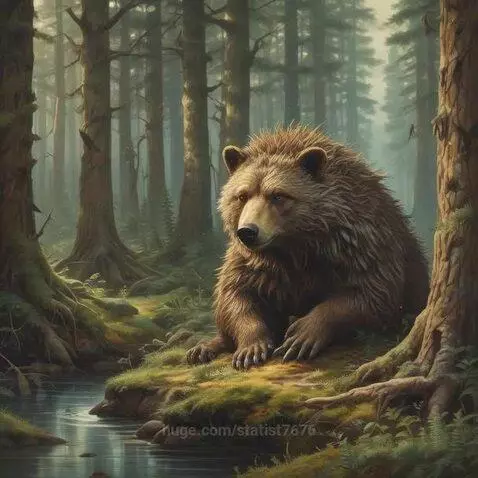 Majestic brown bear with shaggy fur sitting calmly by a mossy stream in a dense, misty forest.