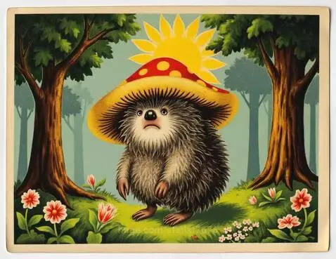 Cute fluffy hedgehog wearing a red and yellow mushroom hat, standing in a colorful garden with trees and sun.