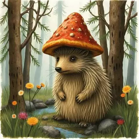 Cartoon hedgehog wearing a red mushroom cap hat, standing in a lush green forest with wildflowers and a stream.