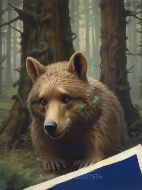 Fluffy, light brown bear-like creature with large ears and green leaves on fur, in a forest and framed picture.