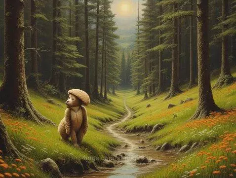 Animated bear cub wearing a mushroom cap walks through a sunny forest with pine trees and a stream.
