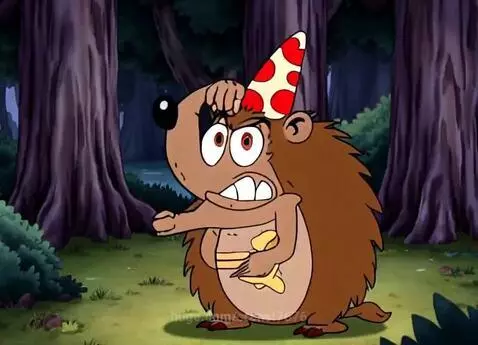 Cartoon hedgehog with spikes, wearing a pizza slice party hat, holding a star, in a forest.