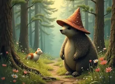 Fluffy hedgehog wearing an orange mushroom hat stands in a lush green forest with a small cat-like creature.