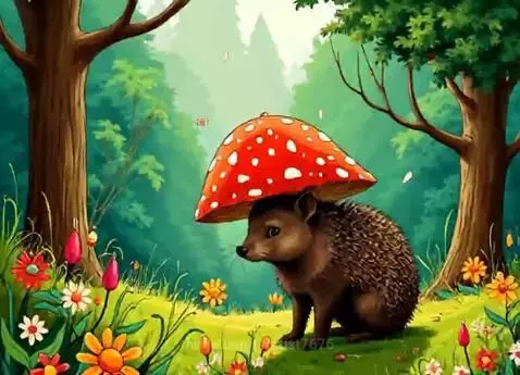 A cute brown hedgehog wearing a red mushroom hat sits in a lush green forest with colorful flowers.