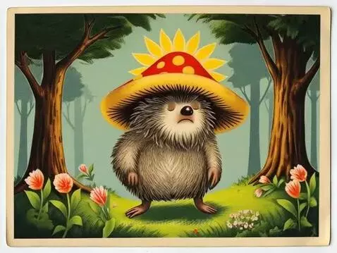 Cartoon hedgehog wearing a yellow mushroom hat with red polka dots, standing in a green forest with flowers.