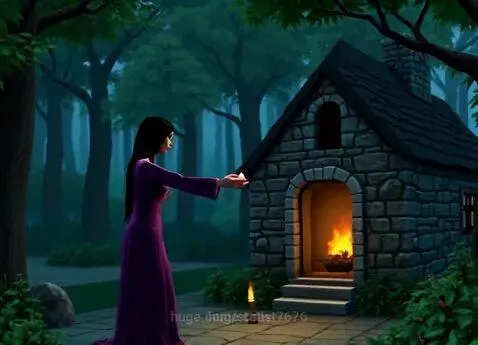 Woman in a purple dress in a mystical forest, holding a glowing object in front of a stone house.