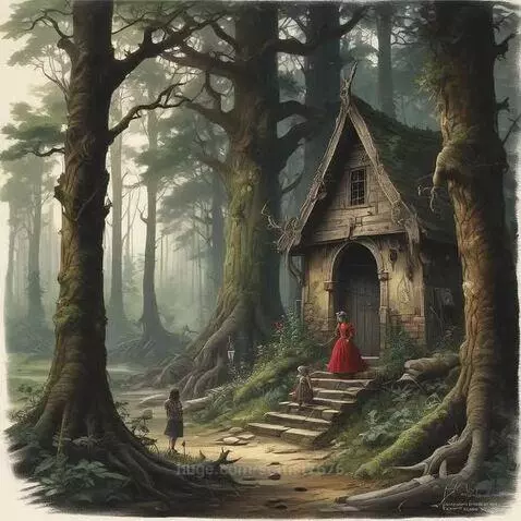 A mystical forest with ancient trees, a rustic cottage, and a woman in a red dress on the steps.