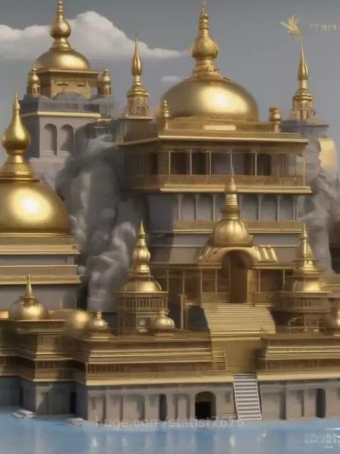 Digitally rendered golden city with domes and spires on rocky cliffs by the water under a cloudy sky.
