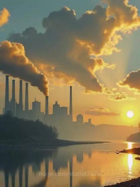 Panoramic view of an industrial city at sunset, with golden smoke plumes rising from smokestacks.