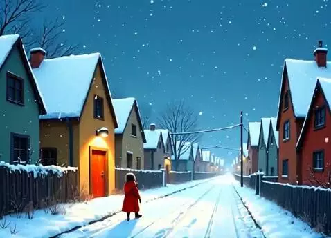 A young girl in a red coat walks down a snow-covered village street lined with colorful houses, snowflakes falling.