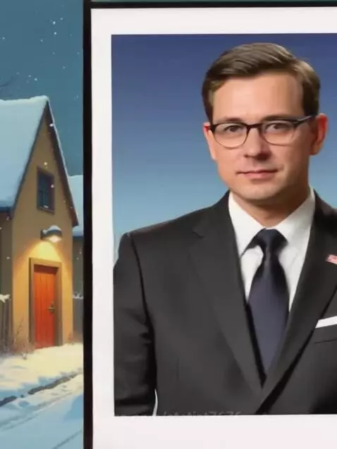 Animated snowy street with a child in a red coat, transitioning to a man's portrait.