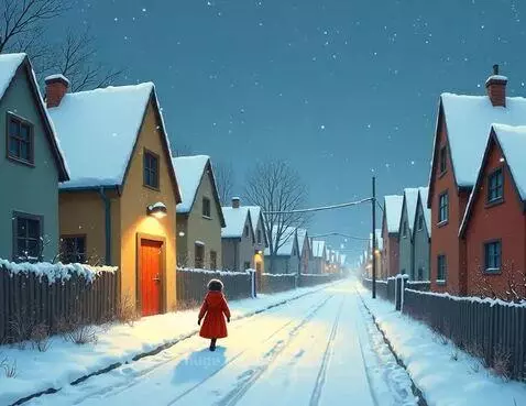 Animated girl in a red coat walking down a snow-covered street with houses and falling snowflakes.