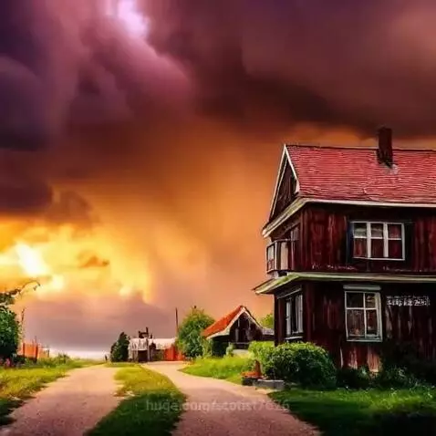Stylized painting of a rural house with a red roof under a dramatic, colorful sunset or sunrise sky.