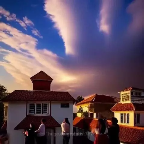 Dramatic sunset sky with orange, purple, and blue hues over houses with red-tiled roofs.